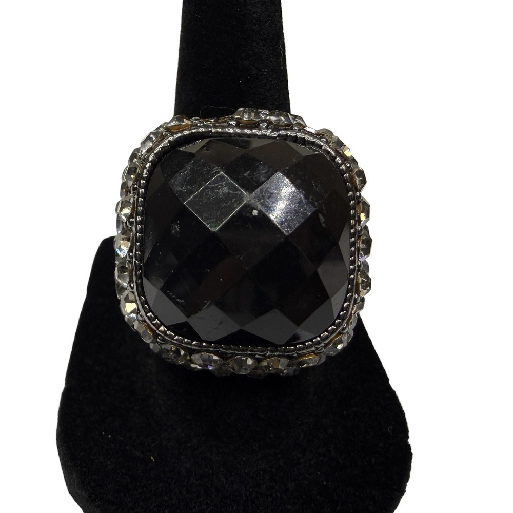 Black Acrylic Faceted Stone Statement Ring Clear Rhinestone Pave Jewelry 6.5